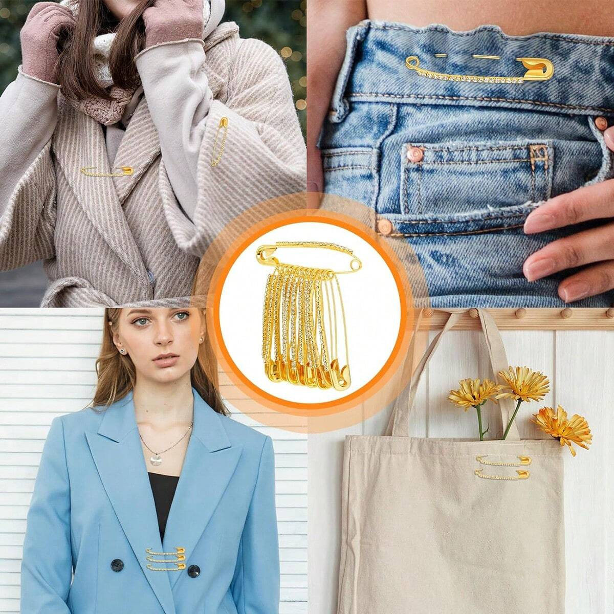 10x Rhinestone Decor Safety Pins Brooch Pins Sweater Shawl Clips for Women, Girl