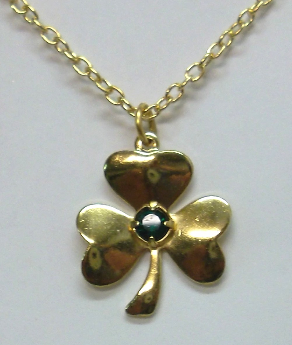 Irish Shamrock 18″ Necklace with Irish Green Crystal Stone Gold Plate USA NEW