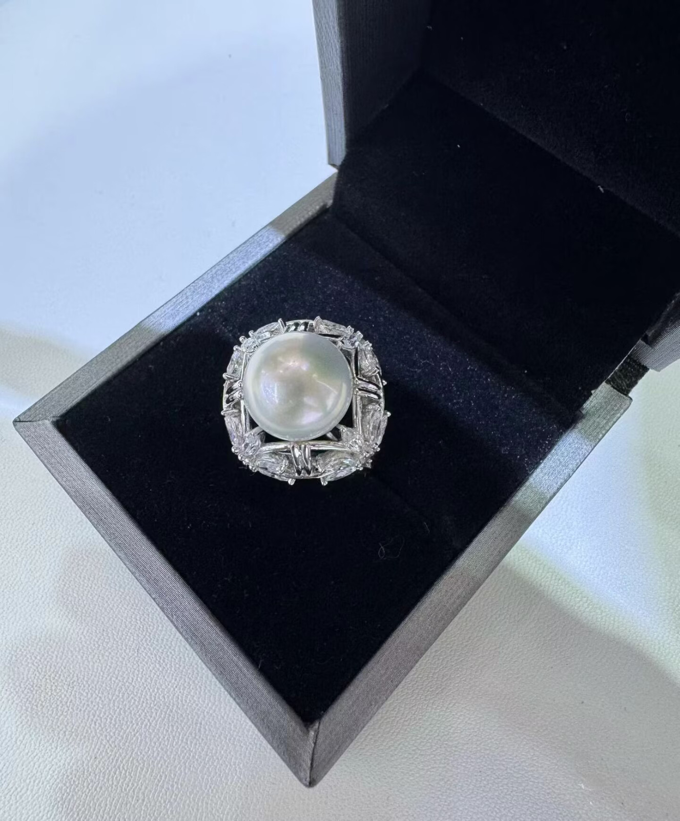 GORGEOUS 12-13mm south sea round white pearl ring 925s(aj)
