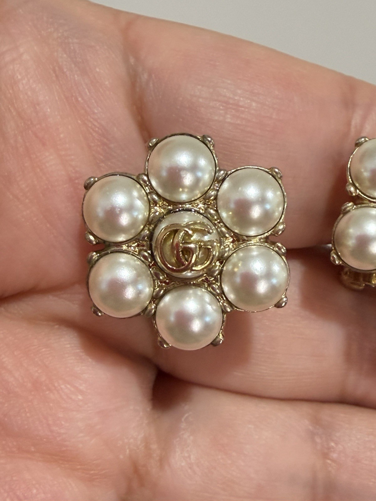 Authentic Gucci Double GG Faux Pearl Flower Earrings.
