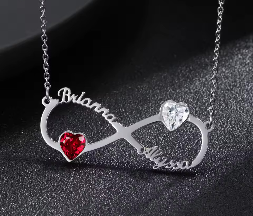 Custom Two Names Birthstone Infinity Shape Necklace Heart Engagement Jewelry