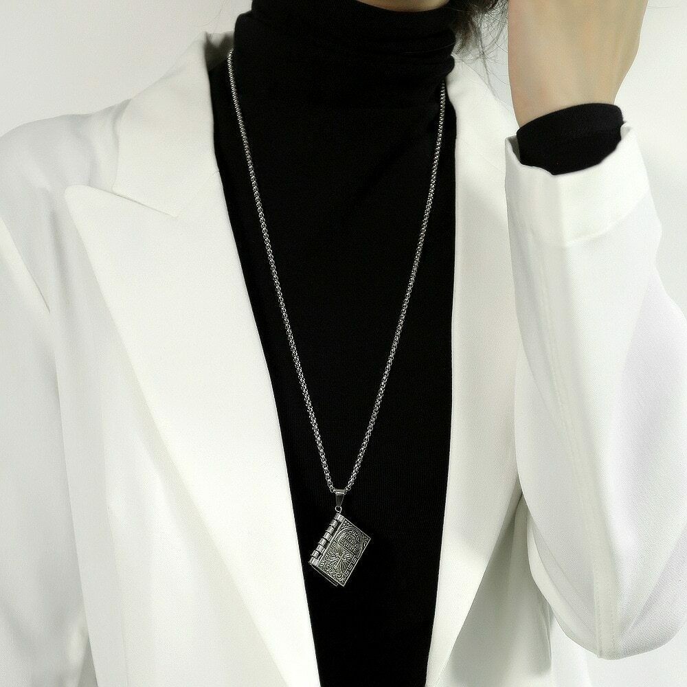 2× Stainless Steel Silver Bible Open Pages Pendant Unisex Necklace Lord’s Prayer