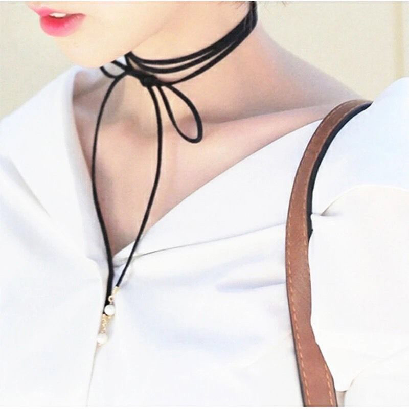 New Long Black Faux Suede & Pearl Choker Necklace #N2043
