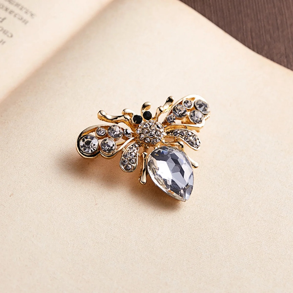 White Crystal Bee Brooch Pin – Rhinestone Gold Tone Insect Jewelry Summer Gift