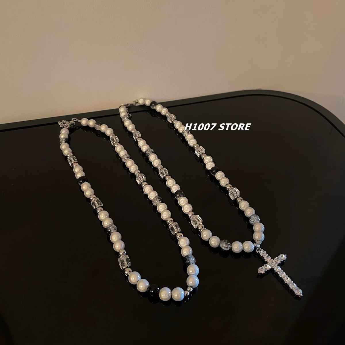 45cm Gray Pearl Crystal Cross Necklace 316 Stainless Steel Zircon Pendant Unisex