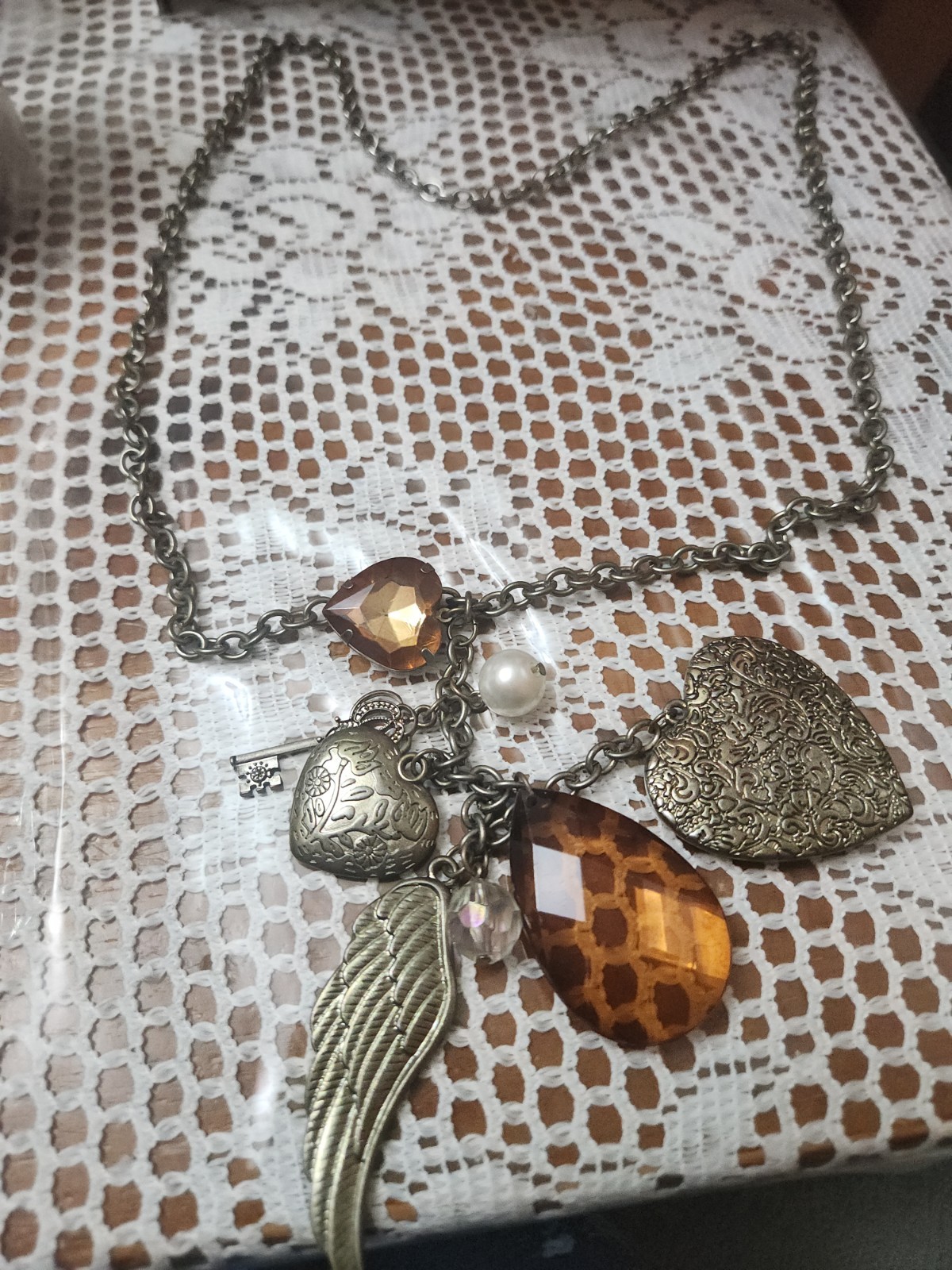 Boho Charm Statement Chain Necklace Vintage Style Hearts Beads Wing Key