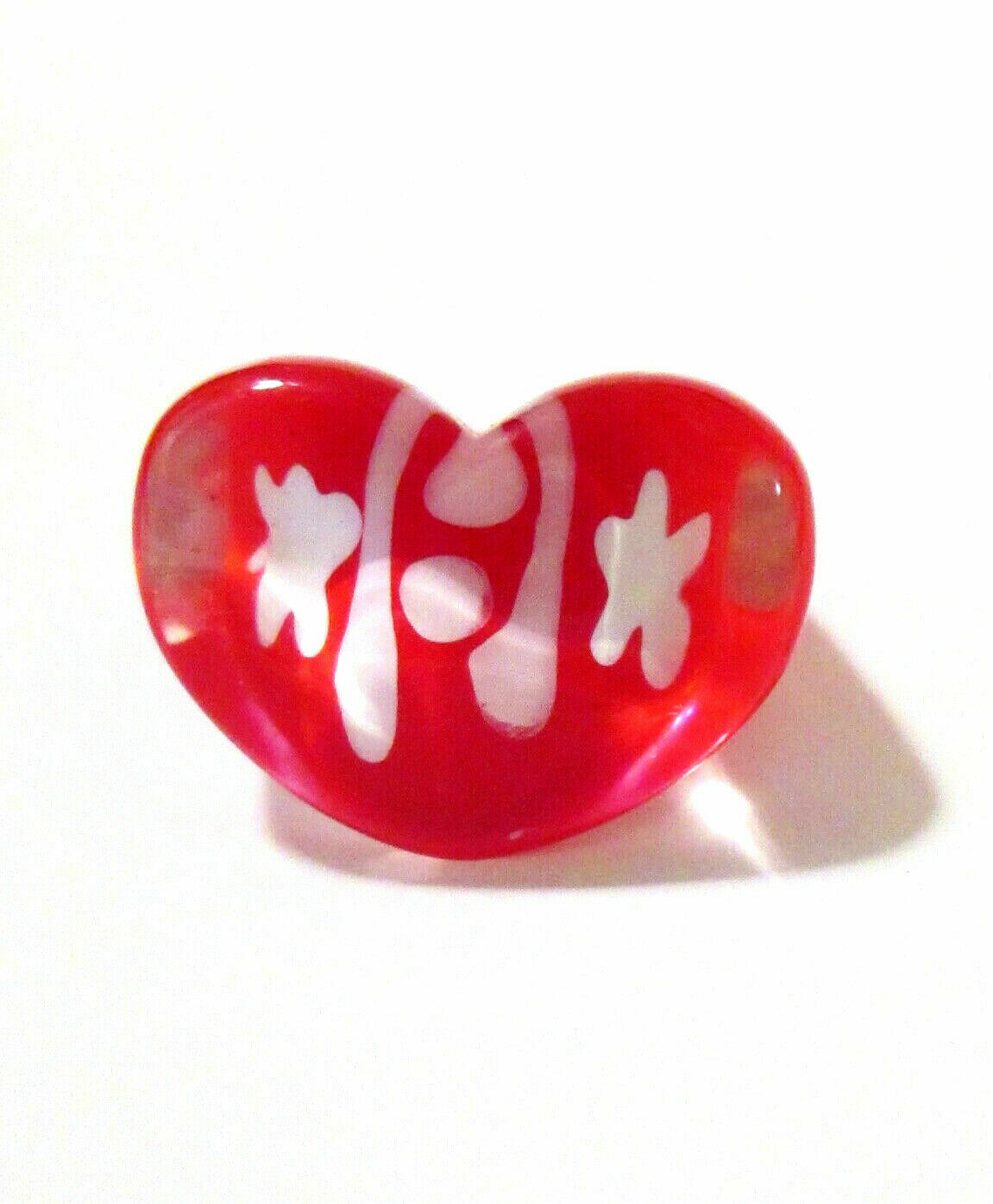 Red and White Heart Shaped Ring Clear Glass or Acrylic Lampwork Style Child Size
