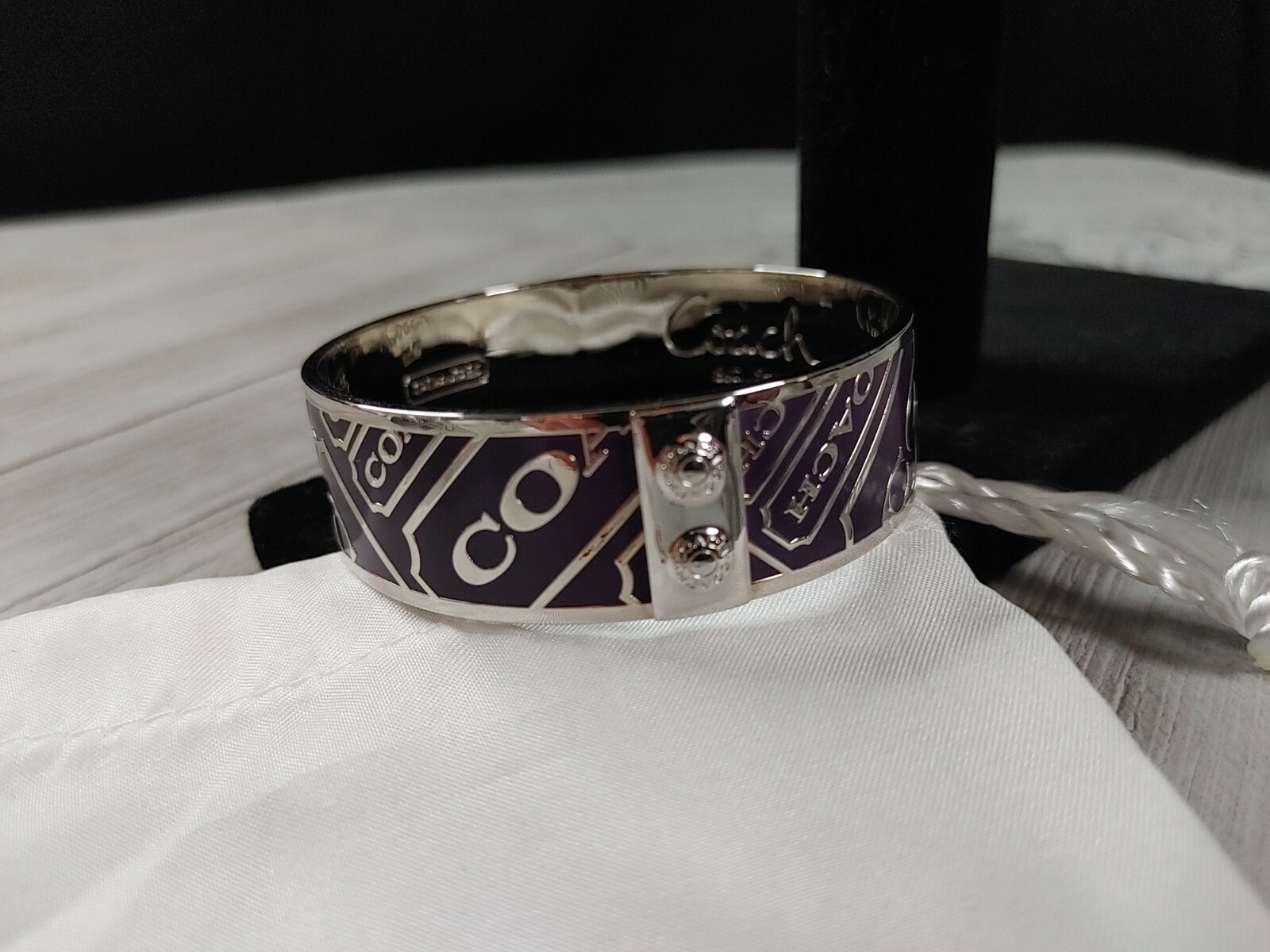 Coach Purple Silver Bangle Bracelet .75″ Lozenge with Bag Style 94119