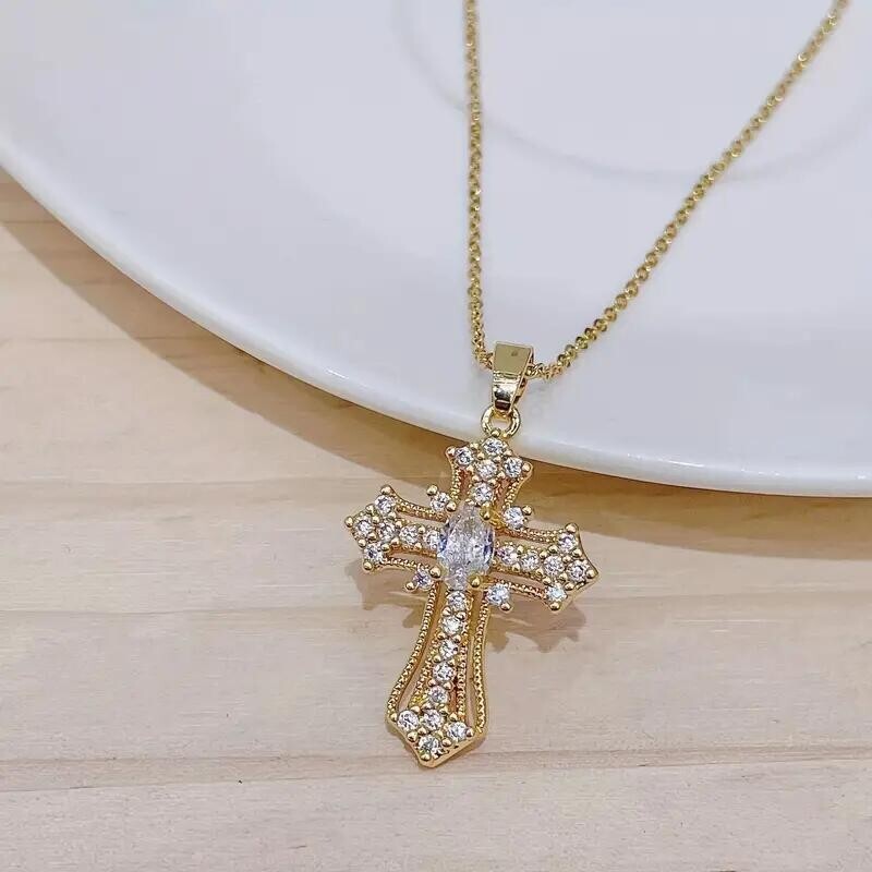 Women Luxury 14K Gold Plated Rhinestone Crystal Cross Pendant Necklace Charm New