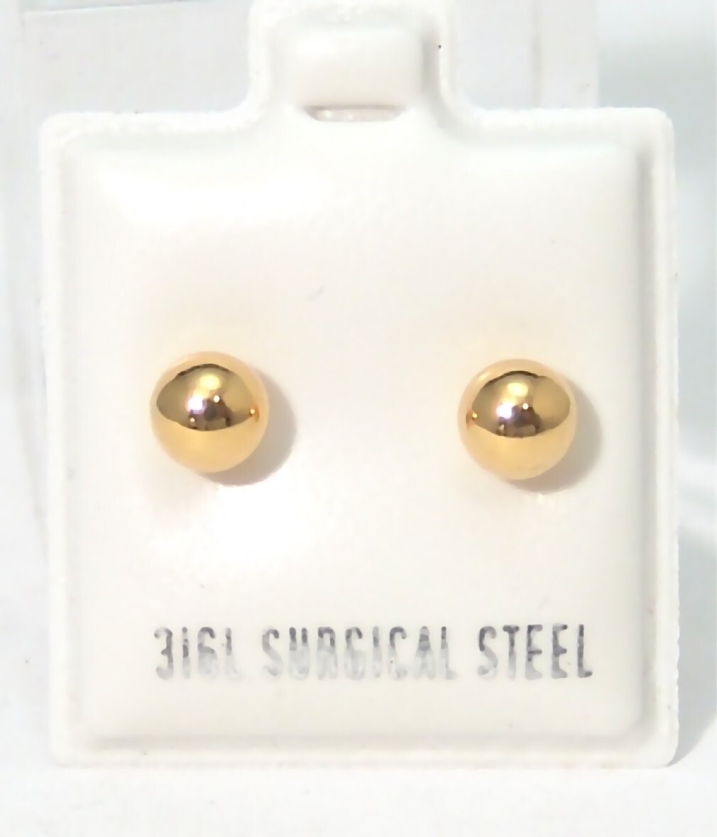Ball Stud Earrings Yellow Gold PVD Hypoallergenic Surgical Steel 5mm Carded