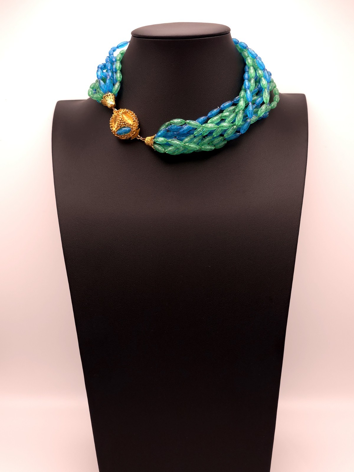 Lucite 12-strand Blue Green Glass Beaded Statement Necklace Gold Tone Box Clasp