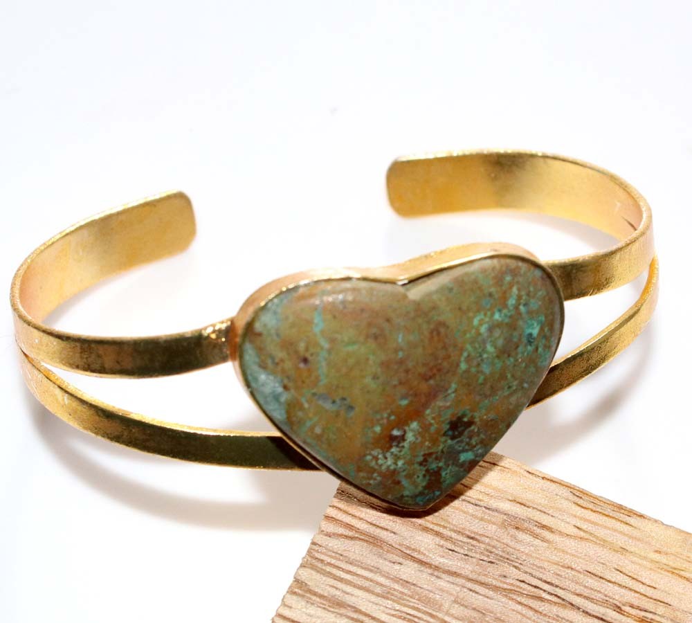 Golden Plated Huge Heart Chrysocolla Bangle FreeSize Wedding Jewelry Trendy GW