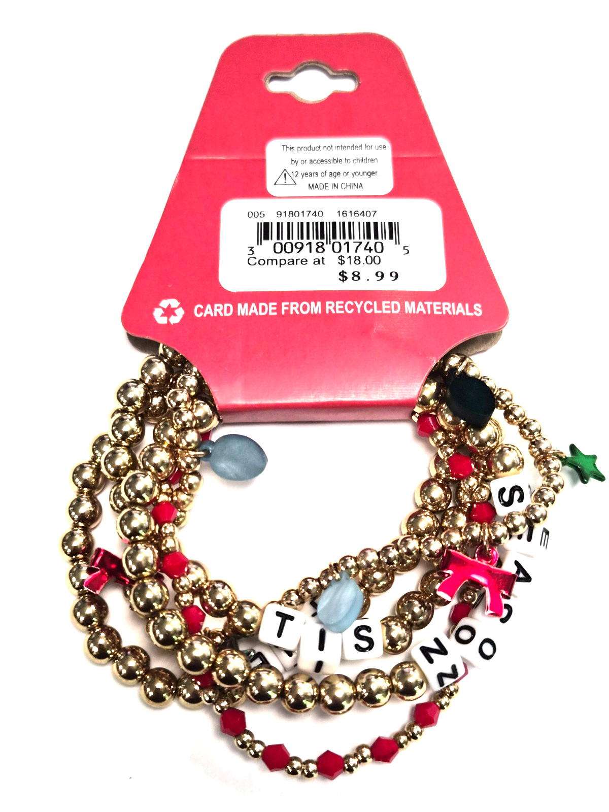 NOS Estate 5 Christmas Holiday Plastic Beaded ” TIS THE SEASON ” 6.5″ Bracelet