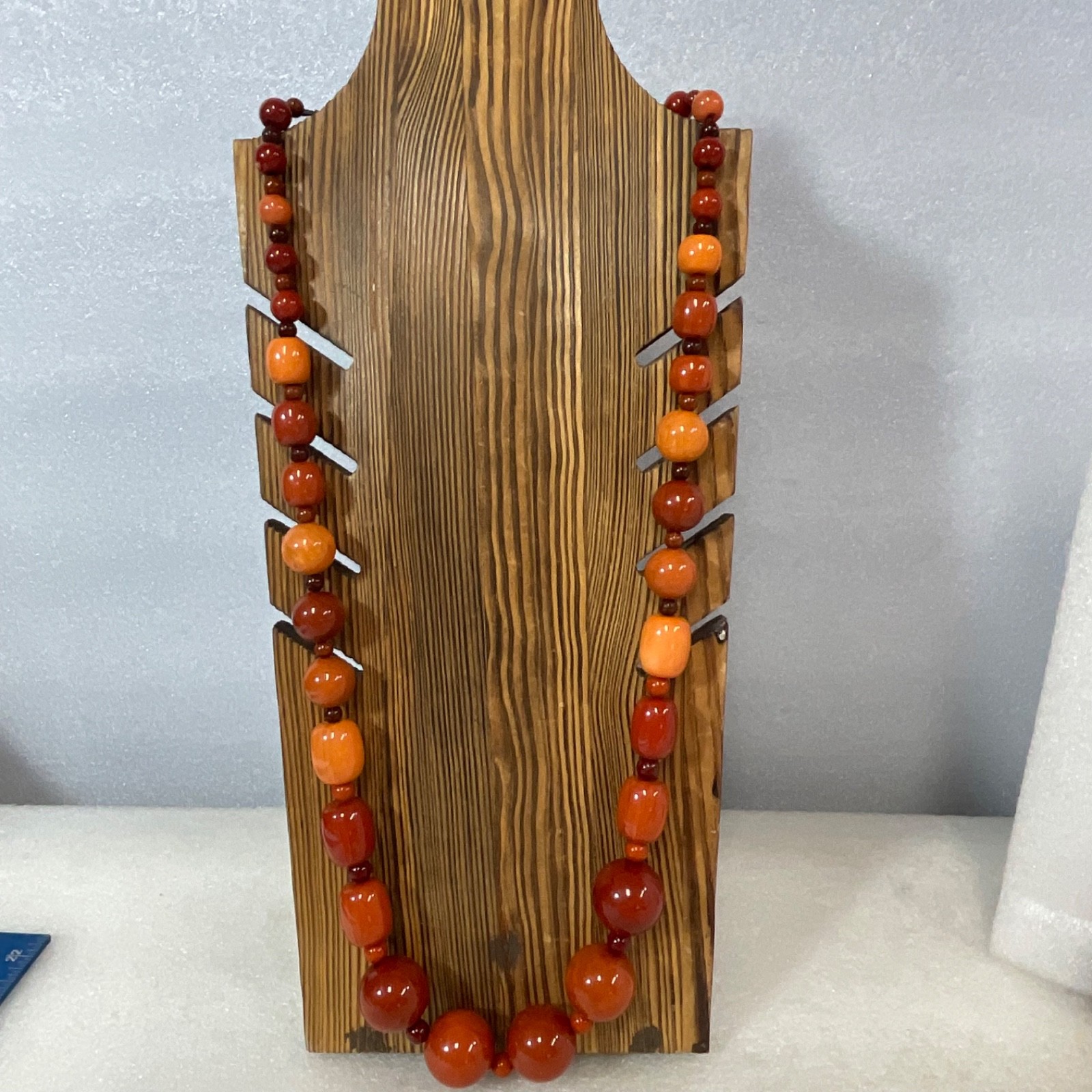 30in Large Bead Necklace Red Orange Glossy Graduated Design
