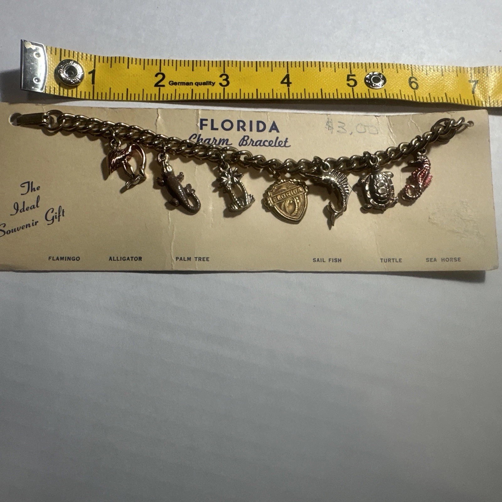 Vintage 1950s Florida Souvenir Charm Bracelet w Original Card Flamingo Alligator