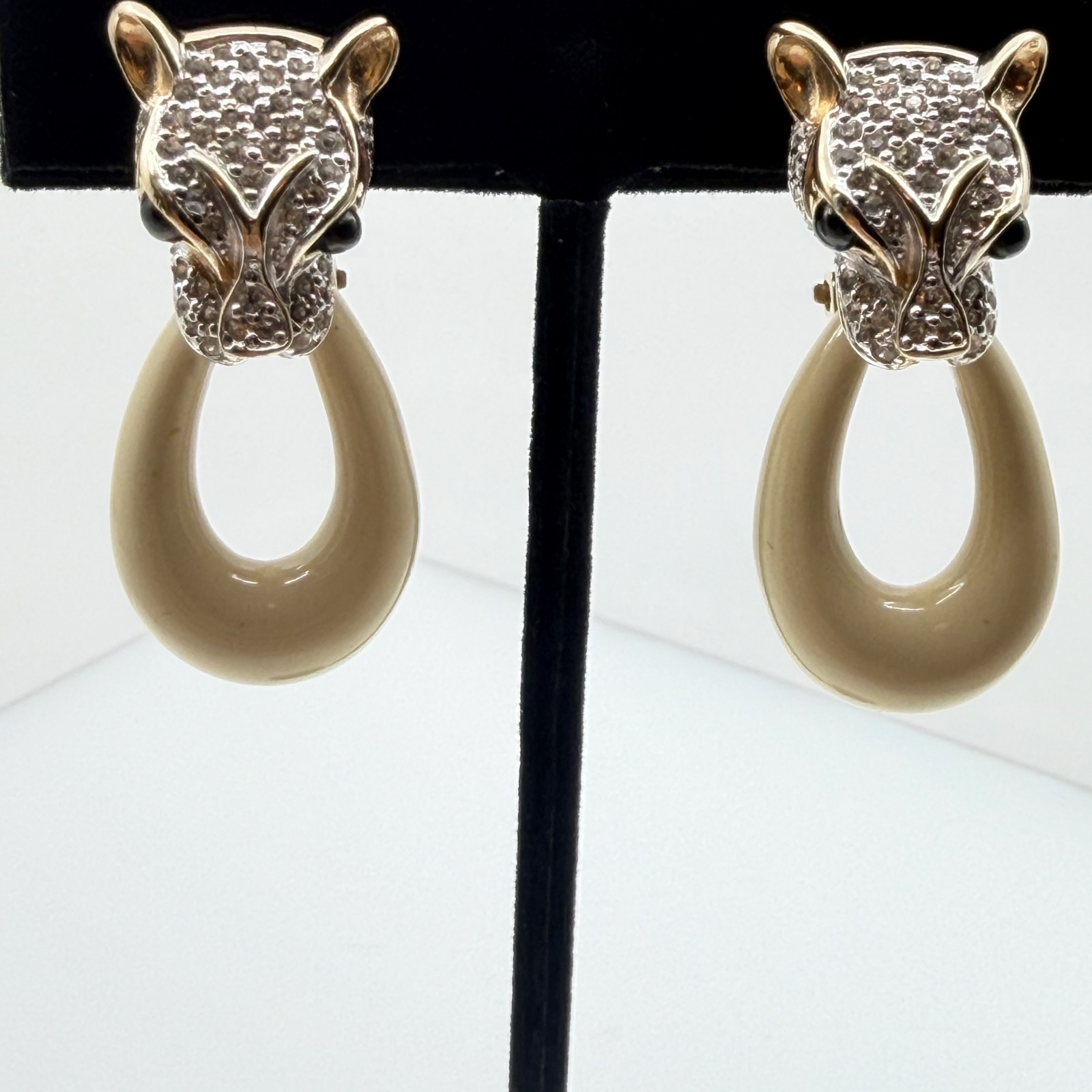 Vintage Signed Panetta Panther Clip-On Doorknocker Rhinestone Earrings