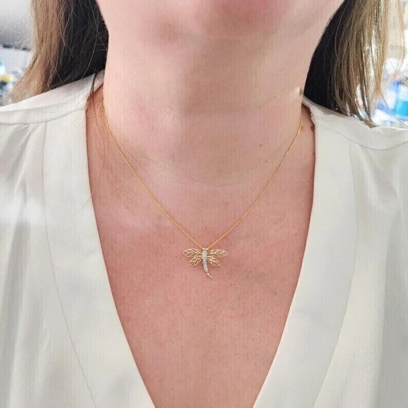 Pretty Dragonfly Fancy Pendant Round Simulated Diamond In 14K Yellow Gold Plated