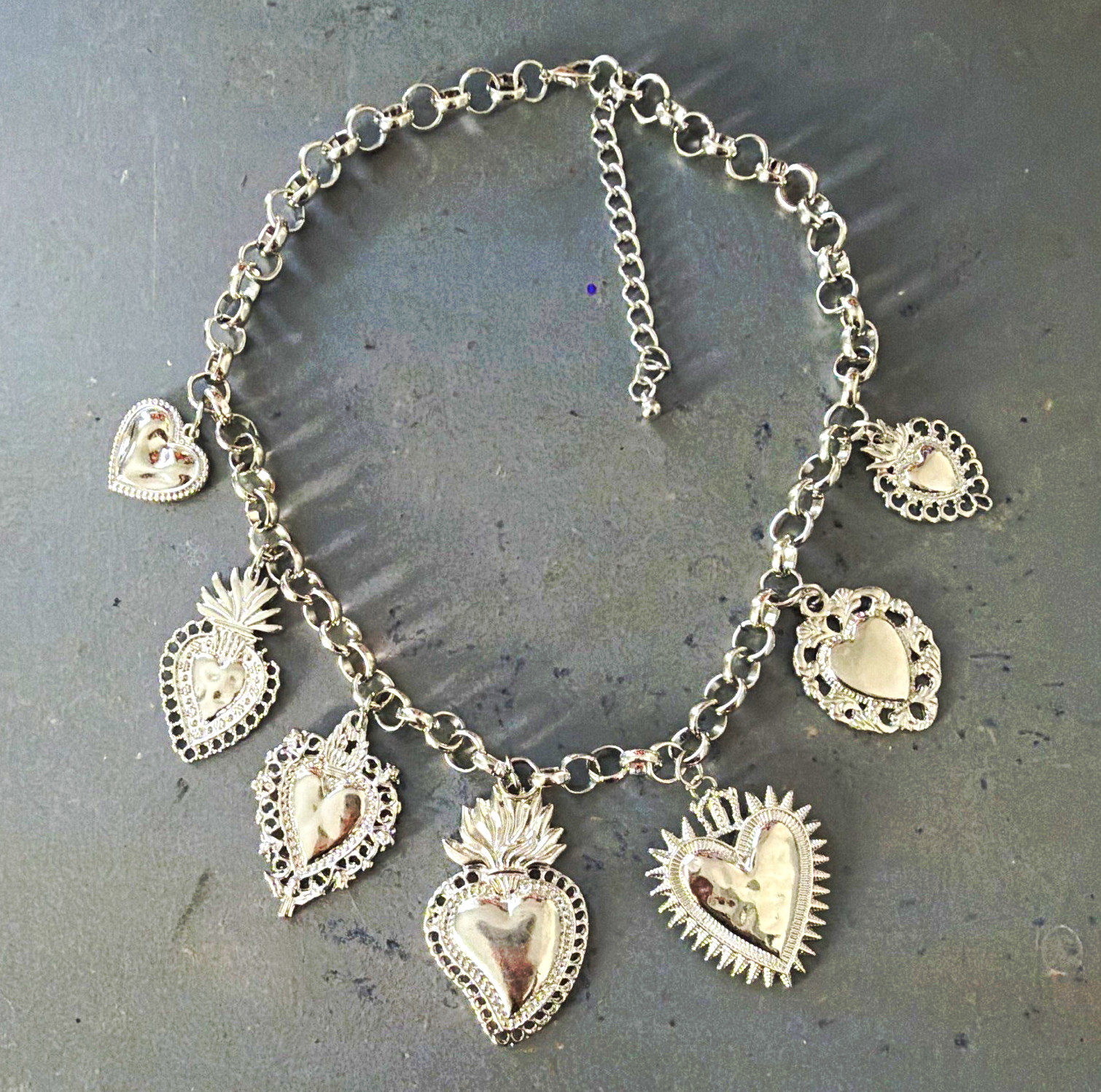 Silver Tone Adjustable Cable Chain Charm Bracelet Heart Dangle Charms Lobster