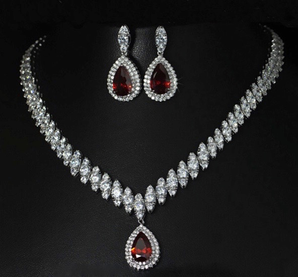 18k White Gold Plated Red Tennis Necklace Earrings Set made w Swarovski Crystal