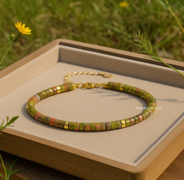 Unakite Bracelet Green Tube Beaded Adjustable Gold-Plated Chain Women Jewelry