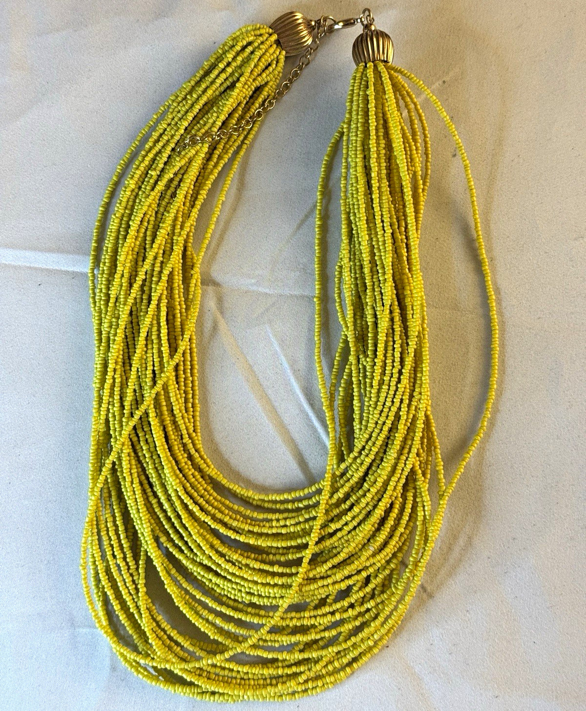 Yellow Glass Seed Bead Multi-Strand Layered Statement Necklace Hook Closure