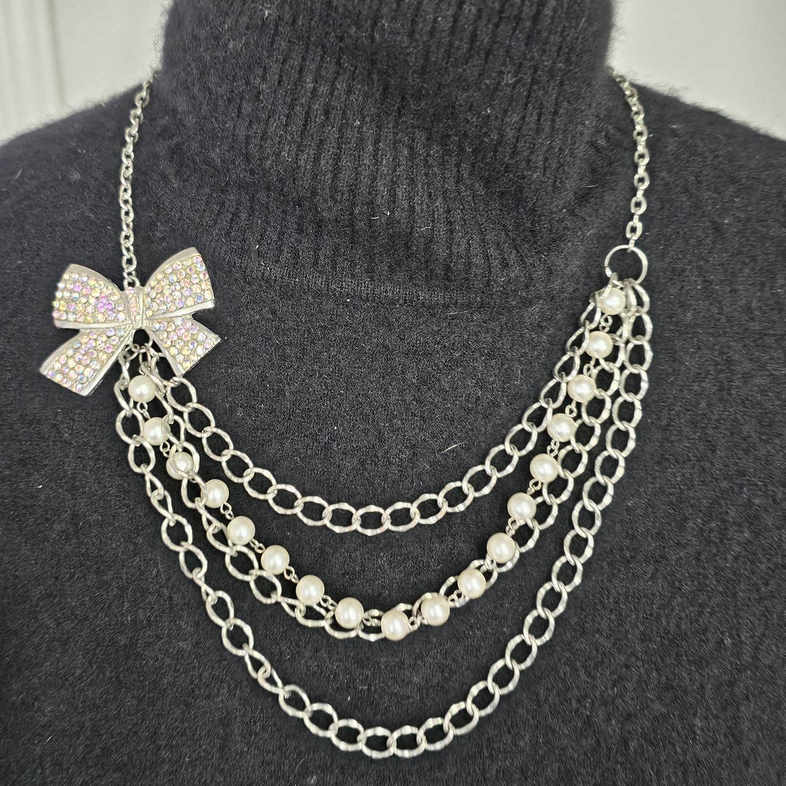 Silver Tone Bow Statement Necklace Faux Pearl Layered Chain Rhinestone