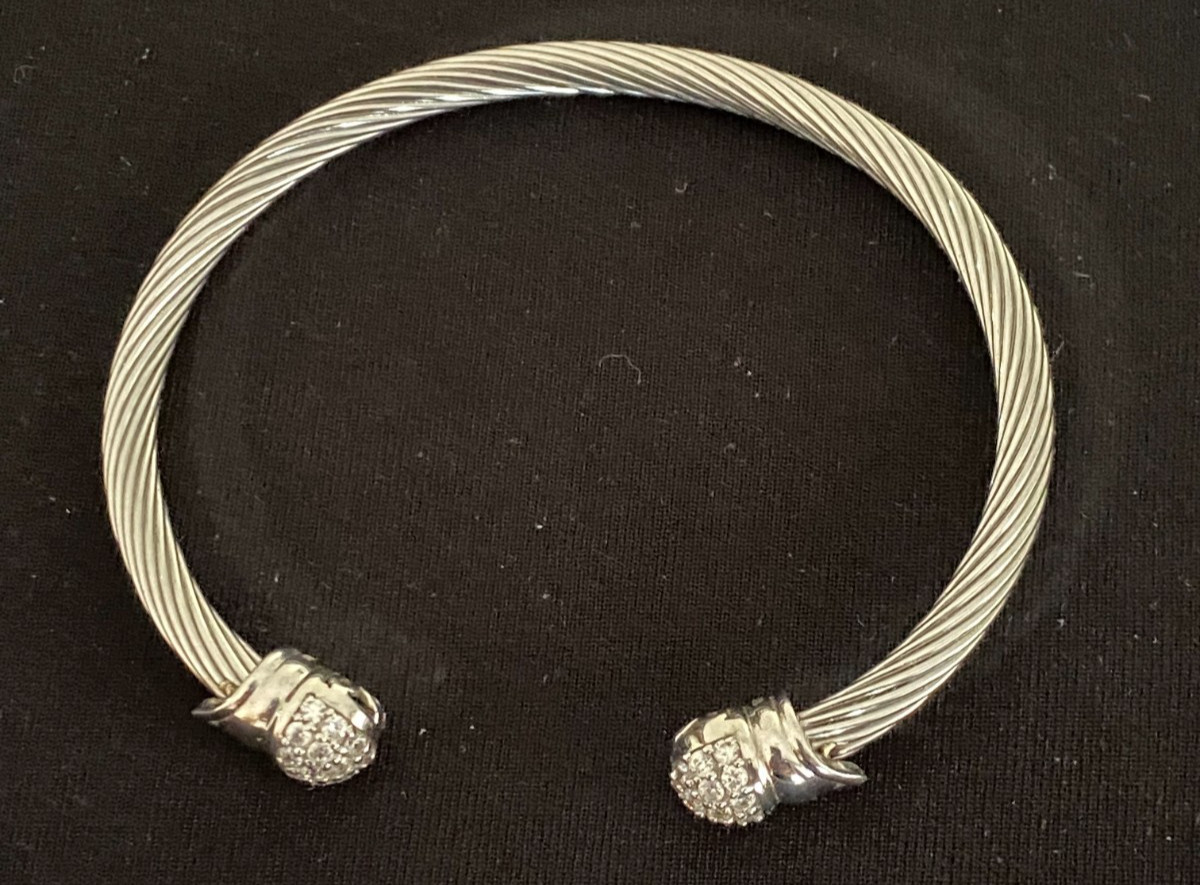 Sterling Silver (925) Cable Cuff Bracelet with Pavé CZ End Caps 17 Grams