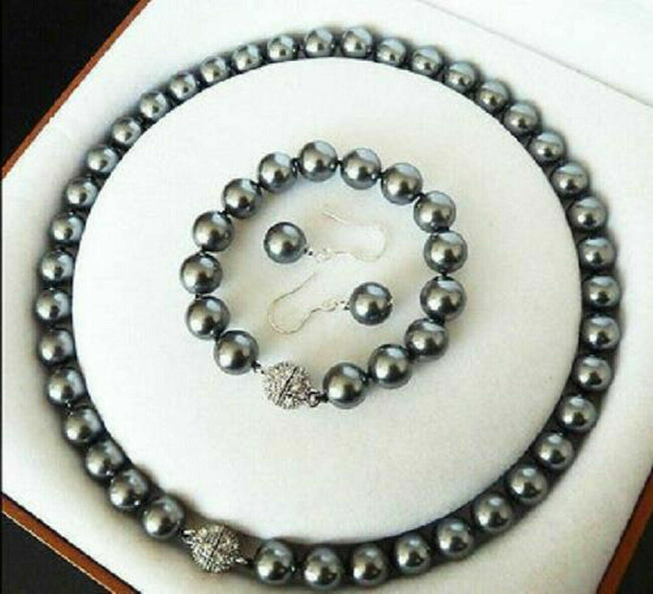 10MM DARK GRAY SOUTH SEA SHELL PEARL ROUND NECKLACE BRACELET EARRINGS SET