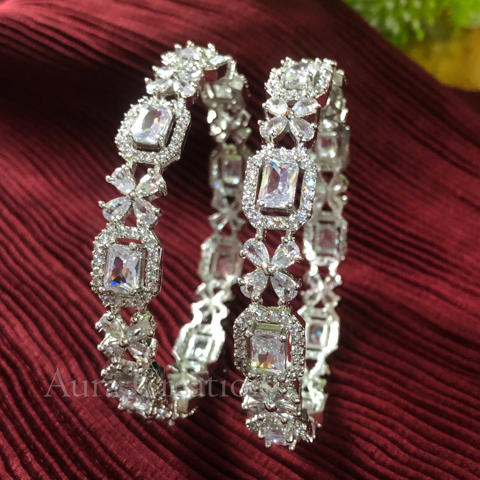 Ethnic Silver Cubic Zirconia Bangle/CZ/AD Party/Wedding Bangle/Bracelet Set of 2