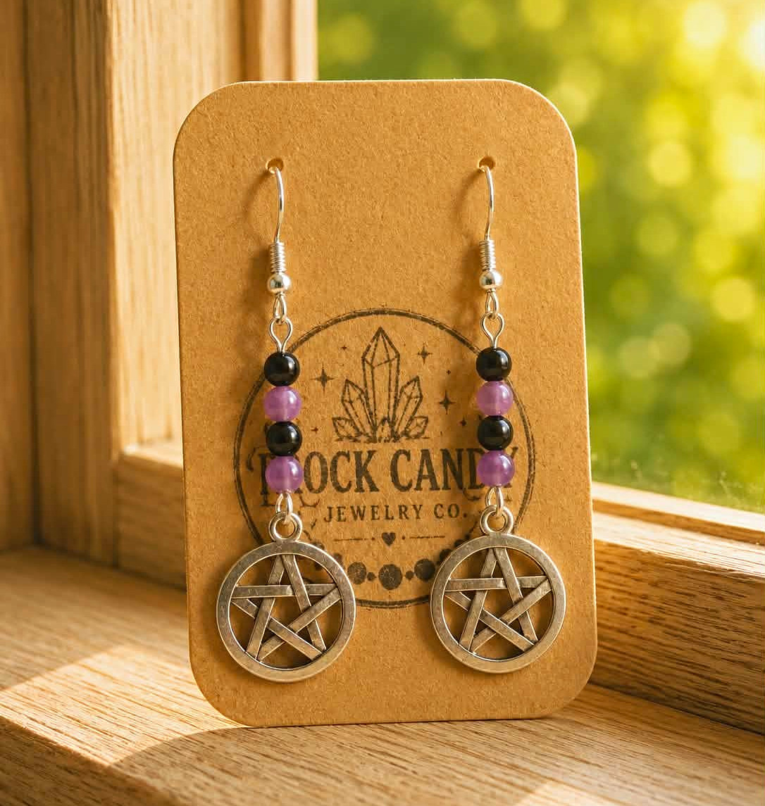 Handmade Rock Candy Jewelry Co. Gothic Witchy Pentacle Amethyst Earrings