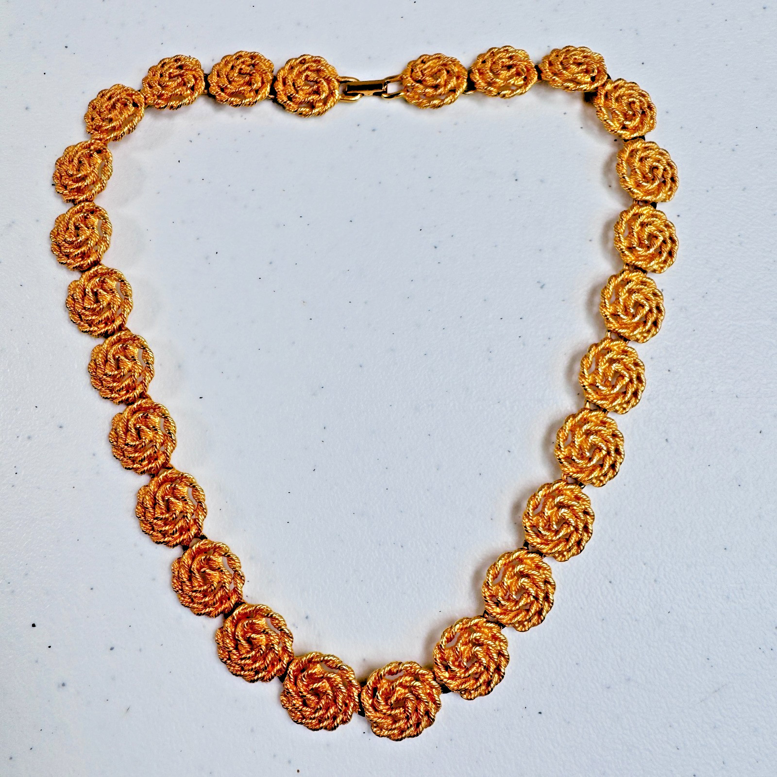 Vintage Necklace Gold Tone Swirl Spiral Chain Rosette Twisted Rope Floral Link