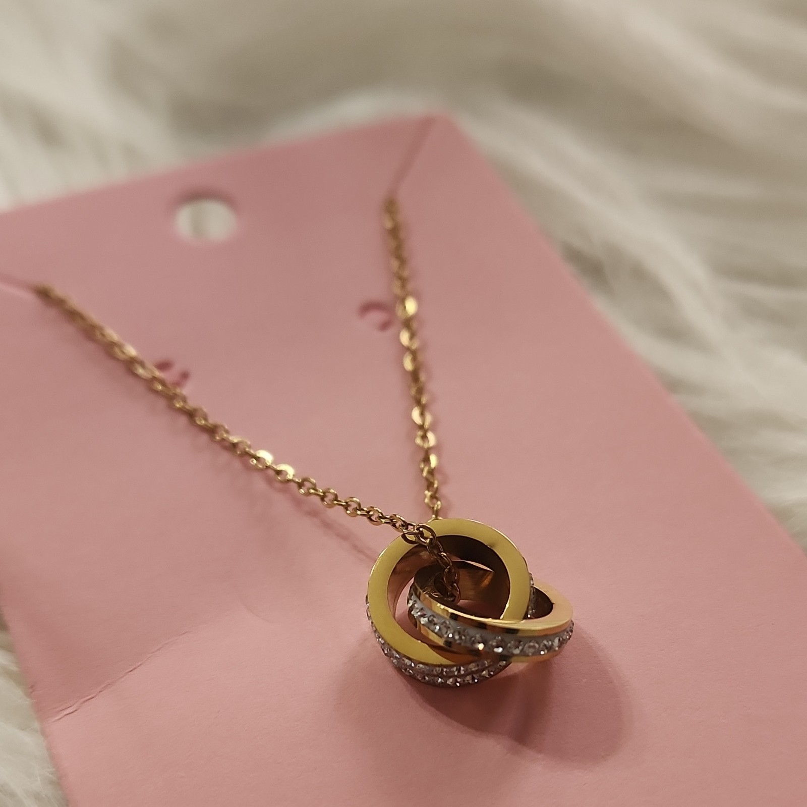 Gold Tone Knot Charm Pendant Necklace on Cable Chain w/ Pavé Clear Crystal
