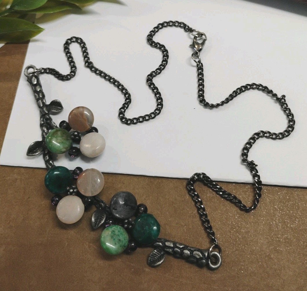 Artistic Real MIXED STONE Accents on Branch Shaped Pendant 16″ Chain Necklace!