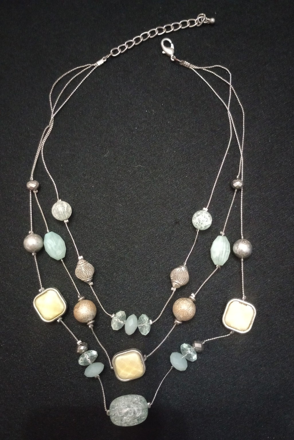 Silver Tone Wire Multi-Strand Beaded Statement Necklace Green Yellow Stones