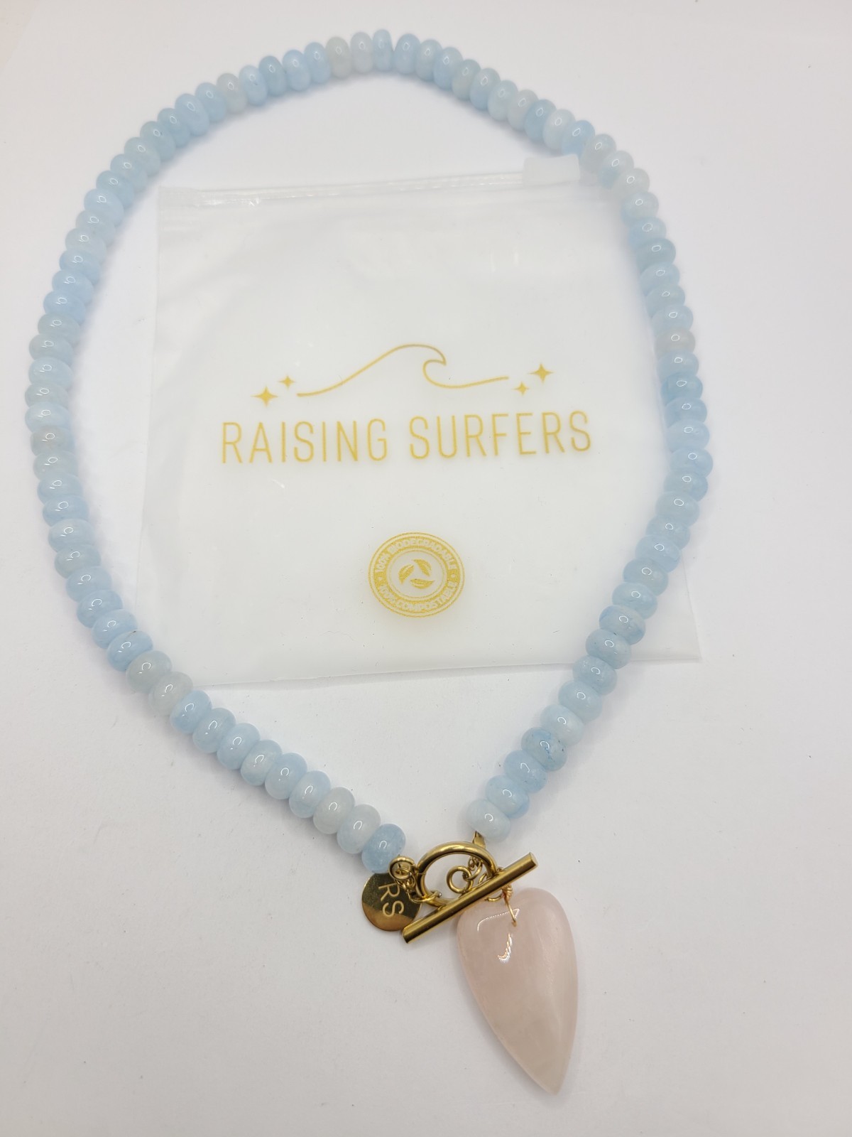 Raising Surfers Light Blue Beaded Toggle Necklace w/ Pink Heart Rose Quartz 19″