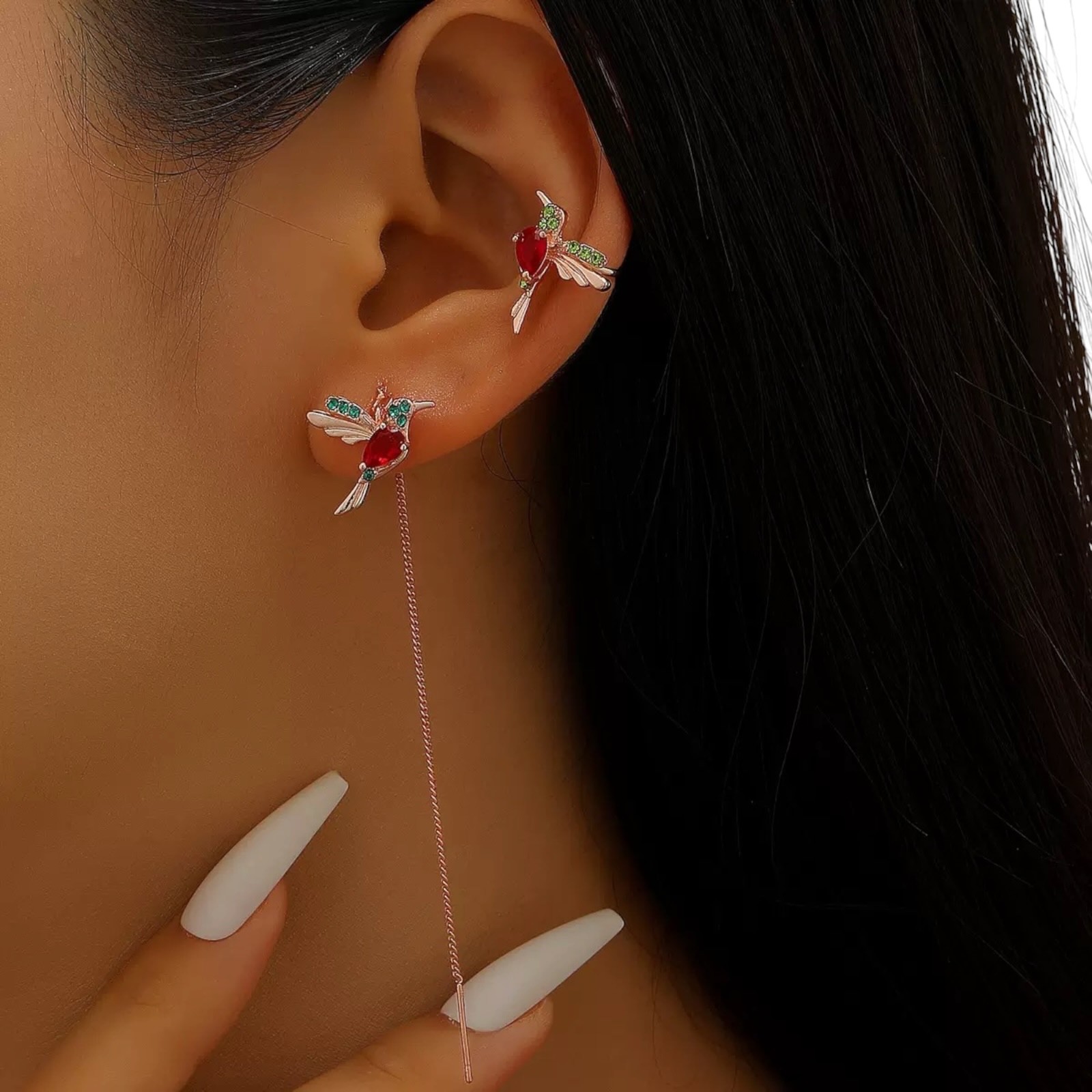 Silver Plated Drop Tassel Hummingbird Earrings Stud Threader Dangle B86
