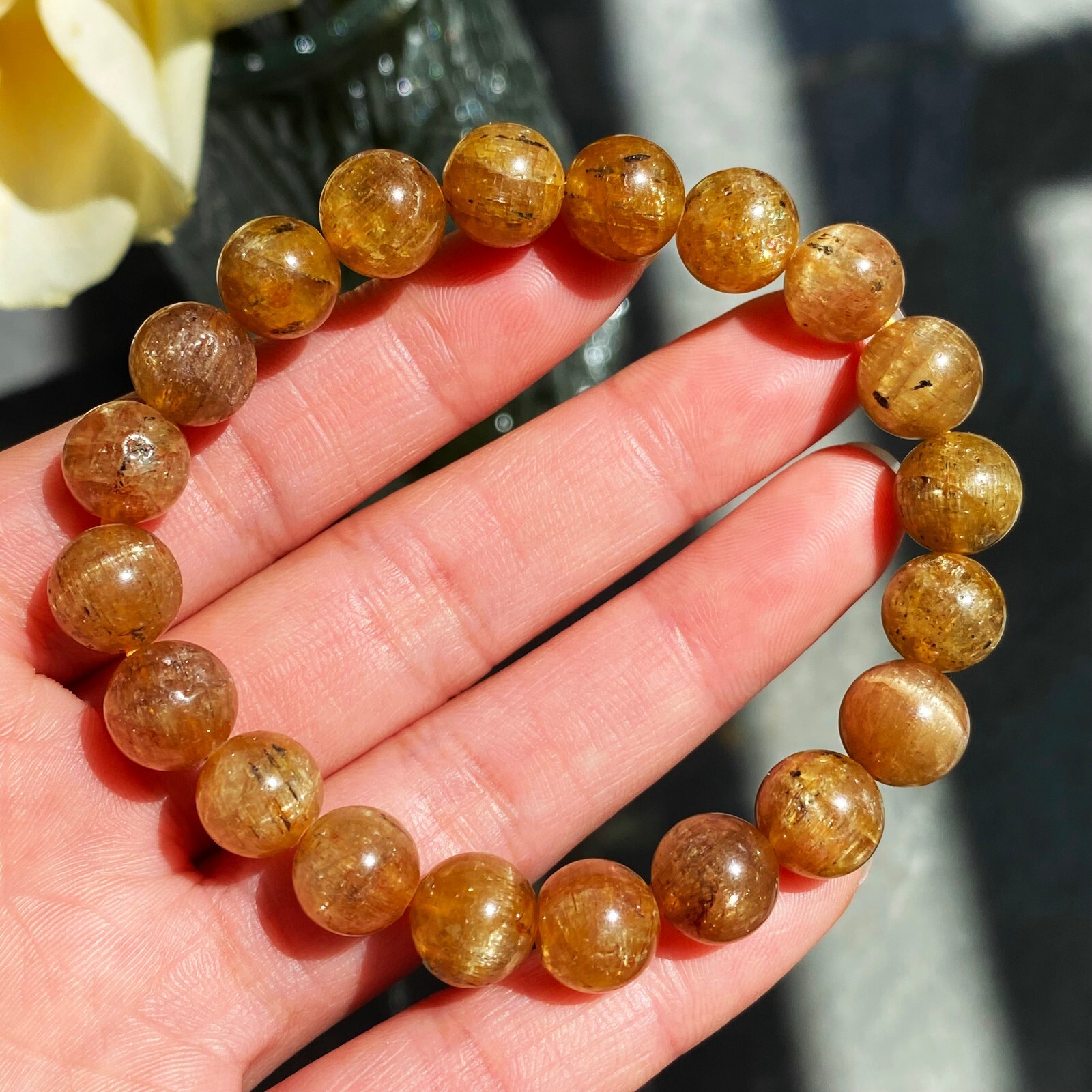 9.8mm Natural Yellow Kunzite Crystal Round Cat’s Eye Beads Bracelet 12