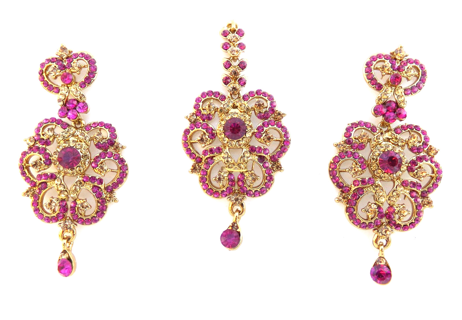 Bollywood Wedding Jewelry Ethnic Gold Tone Indian Kundan Long Earrings Tikka Set