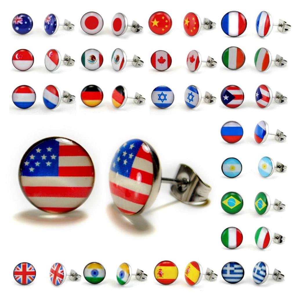 WORLD FLAG STAINLESS STEEL EARRINGS 10mm Post Stud Pair Jewelry Country Pride