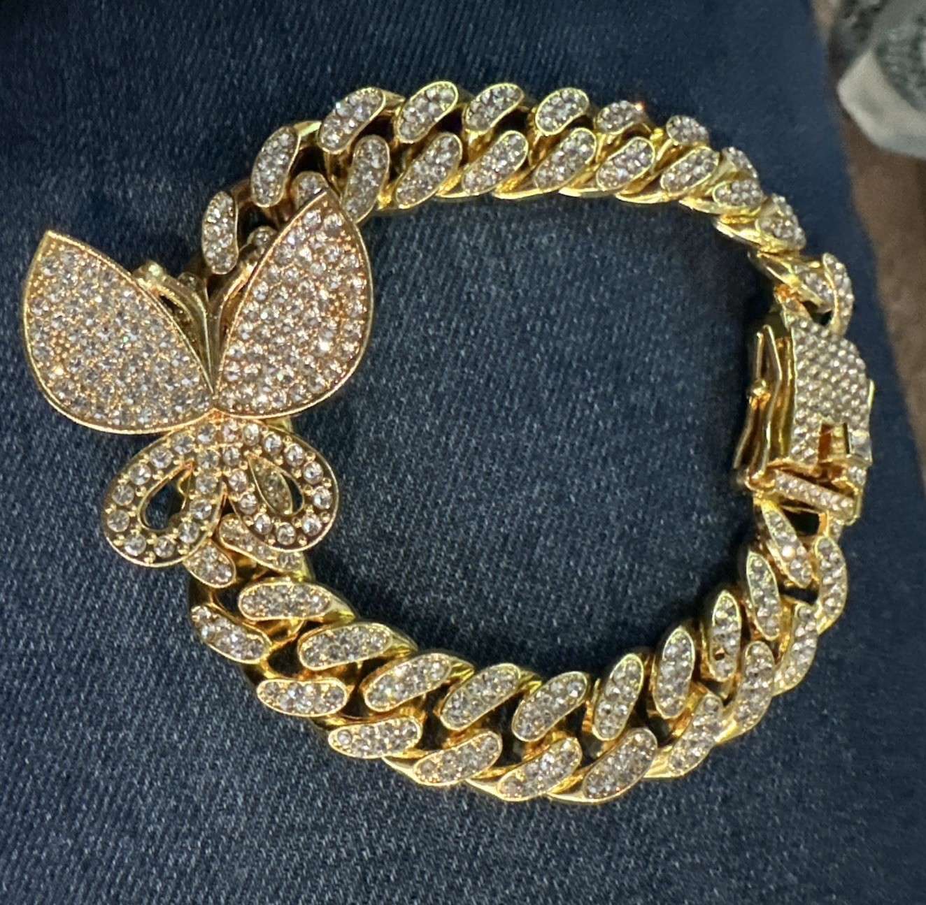 Gold Tone Cuban Link Bracelet with Butterfly Pendant Box Closure 8.5in Jewelry