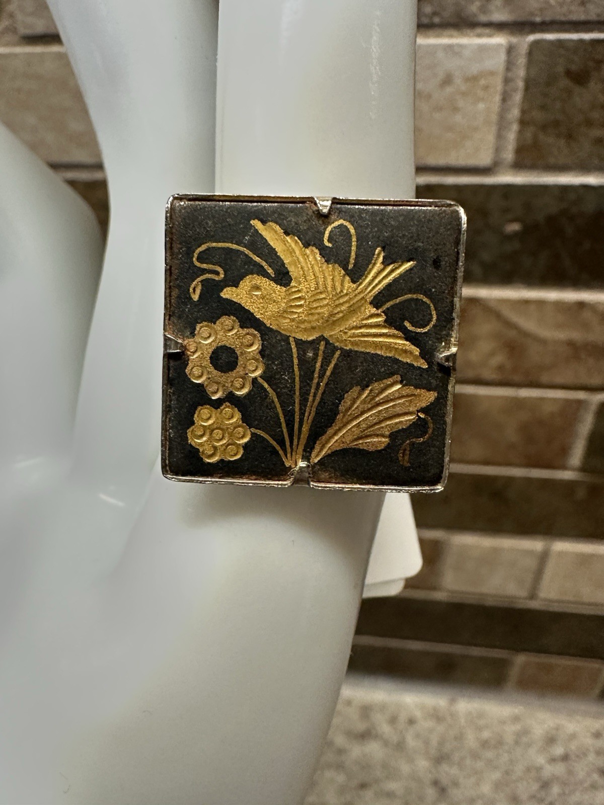 3/4 in Square Engraved Bird Adjustable Gold Tone Ring