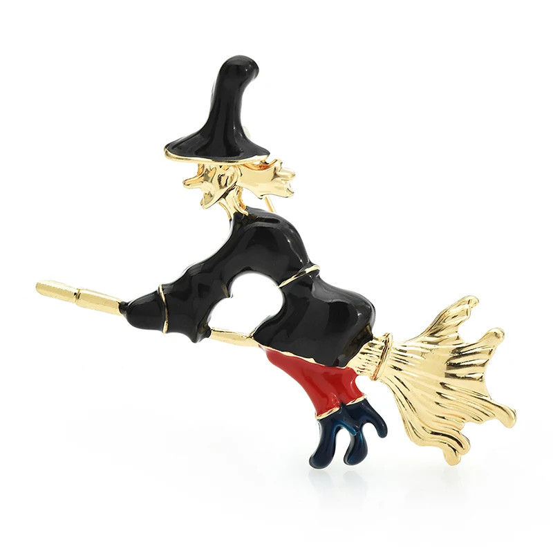 Red Gold Tone Halloween Witch Enamel Brooch Pin –Broomstick Costume Jewelry Gift