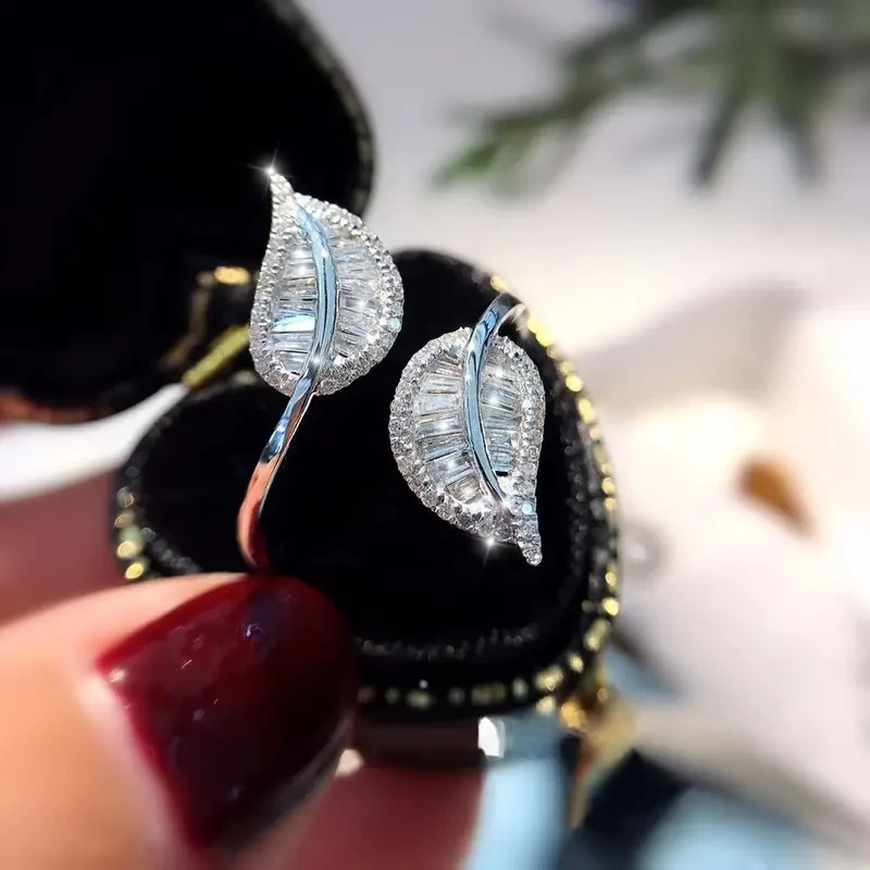 925 Sterling Silver White Topaz Leaves Wedding Engagement Ring One Size Fit All