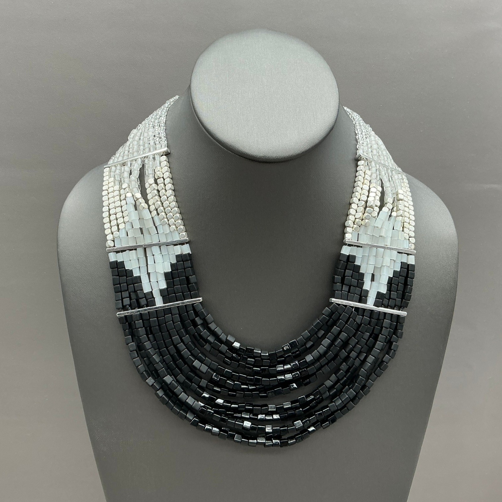 Chico’s Necklace Womens Black White Silver Beaded Multi Strand Statement 22 In