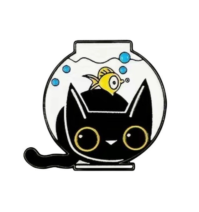 Cute Black Cat in Fishbowl Enamel Pin Cartoon Animal Lapel Badge Gift Accessory