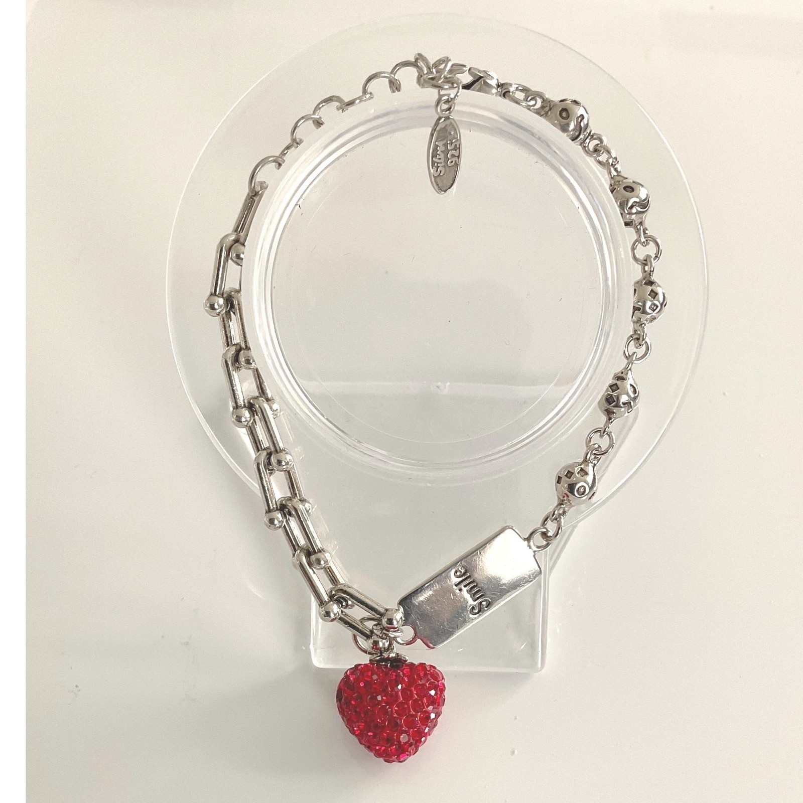 Bracelet Silver Tone Red Heart Rhinestone Smile Lobster Clasp Charm New