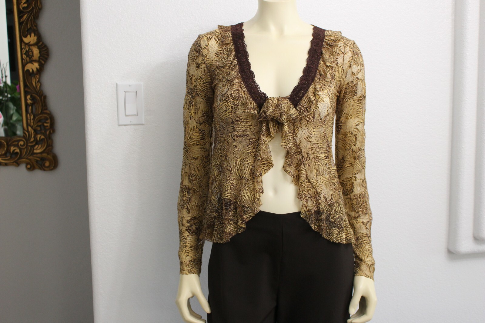 MASHINO 1 Blouse size S dark brown light brown Shear v neck LS unknown material
