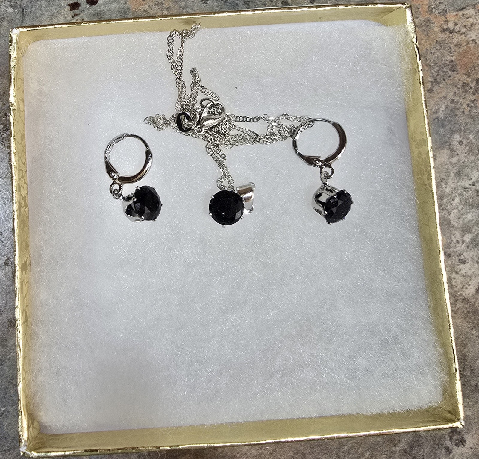 Black Crystal & Silver Tone Necklace & Earring Set With Gift Box
