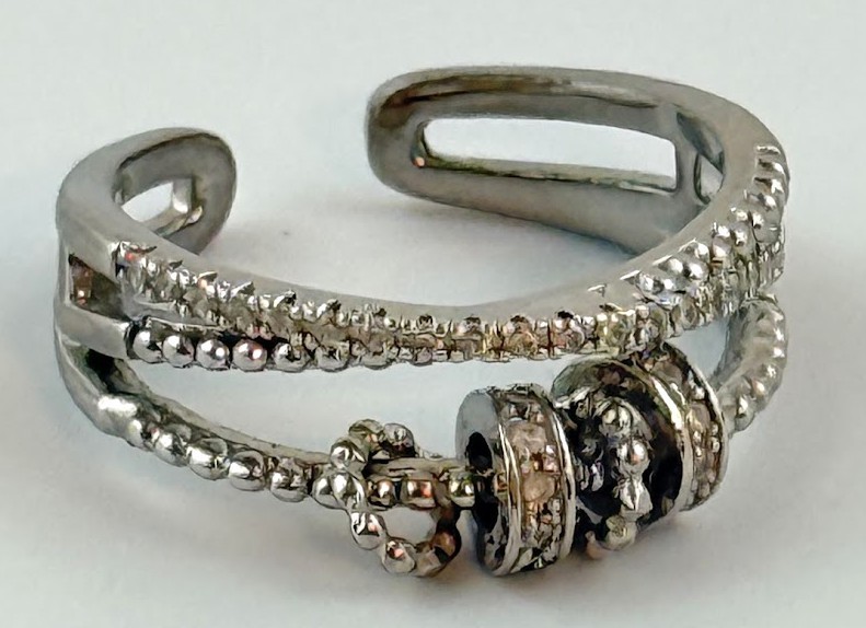 925 Sterling Silver Wrap Ring Open Cuff Beaded CZ Accent Band Adjustable Boho