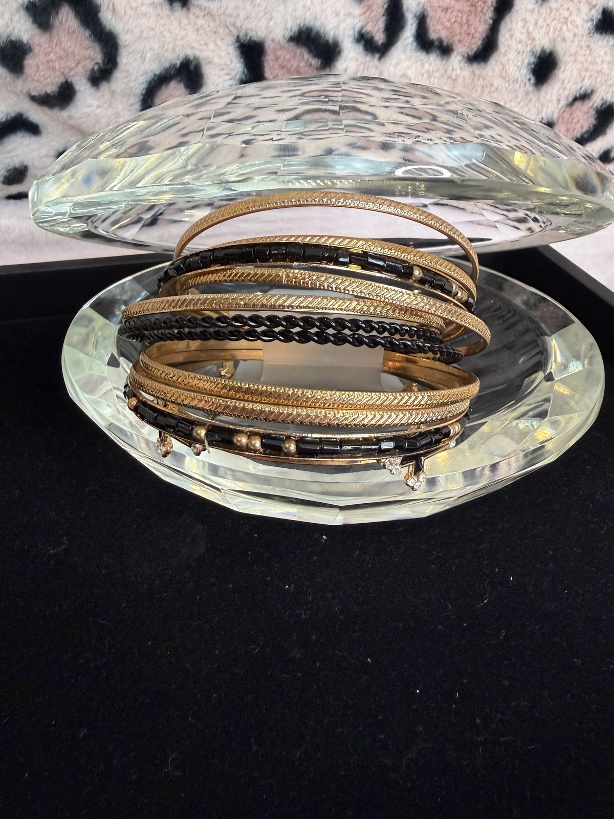 Gold Tone Bangle Bracelet Set Boho Stacked Bangles Black Beads Cross Charm